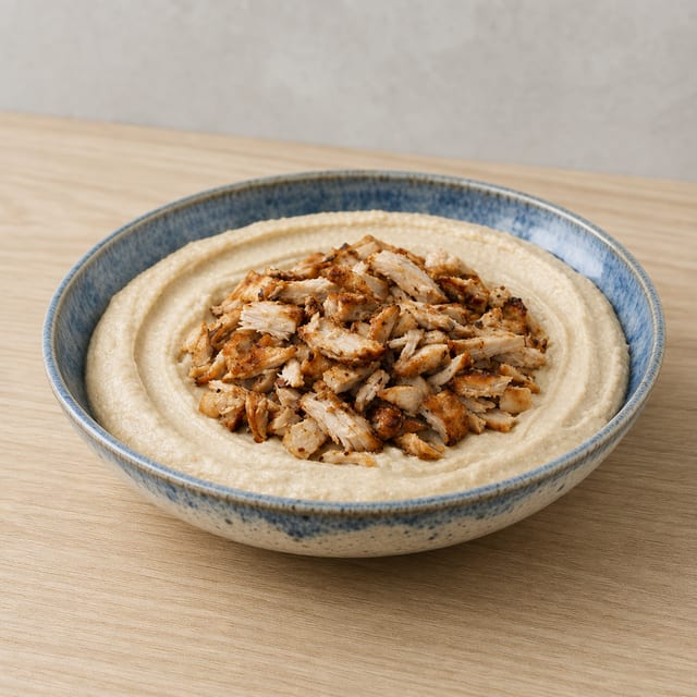 Hummus topped with Shawarma.